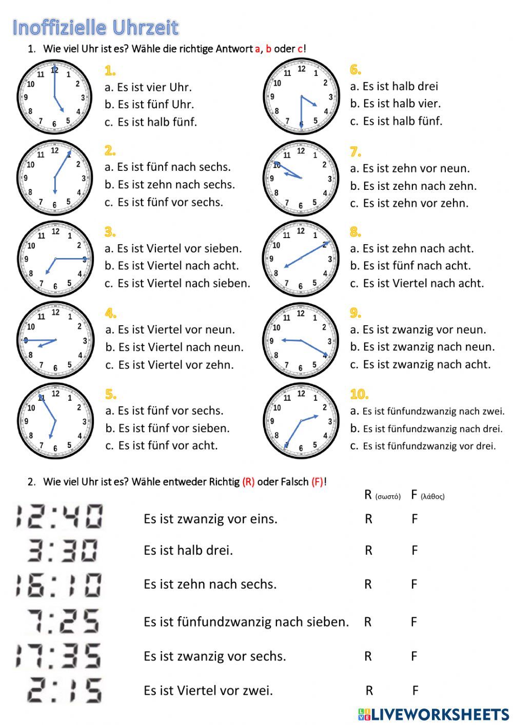 Uhrzeit online exercise for A1